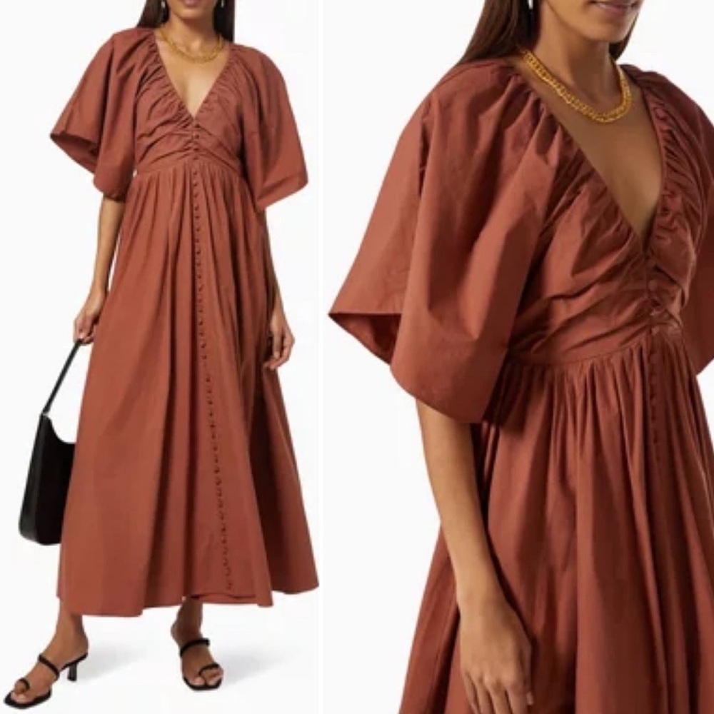 JOSLIN Sakura Midi Earth Brown Dress in Organic Cotton AU10